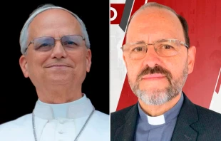 El Papa León XIV y el obispo electo de Vélez (Colombia), P. José Camilo Arbeláez. Crédito: Daniel Ibáñez / EWTN News - CEC.