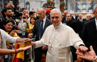 El Papa León XIV durante el encuentro que tuvo con los misioneros digitales e influencers católicos en la Basílica de San Pedro. Crédito: Vatican Media.