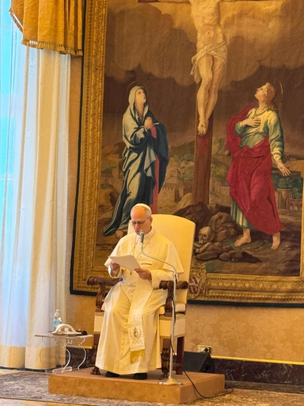 El Papa León XIV pronuncia su discurso a los obispos del Perú este viernes en el Vaticano. Crédito: Cortesía P. Guillermo Inca.