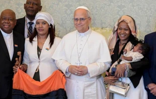 El Papa León XIV con miembros del Grupo de Refugiados de Chagos en el Vaticano, este sábado 23 de agosto de 2025. Crédito: Vatican Media.