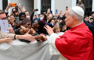 El Papa León XIV saluda a un grupo de fieles a la entrada de la Catedral de Estambul. Crédito: Vatican Media.