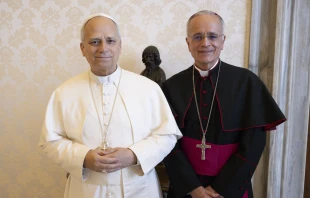 El Papa León XIV y el obispo Silvio Báez en el Vaticano. Crédito: Vatican Media / @silviojbaez.