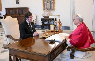 El Papa León XIV y el presidente Javier Milei, durante la audiencia de este 7 de junio en el Vaticano. Crédito: Vatican Media.