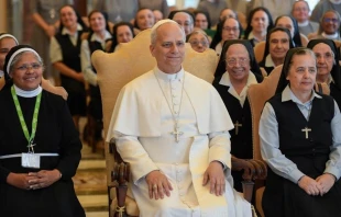 El Papa León junto a las religiosas en la audiencia de este sábado. Crédito: Vatican Media.