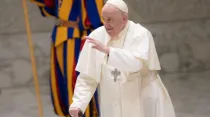 El Papa Francisco saluda a los fieles en la Audiencia General. Crédito: Daniel Ibáñez/ACI Prensa