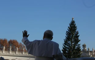 El Papa con el abeto de 27 metros que está en la plaza de San Pedro por Navidad Crédito: Vatican Media
