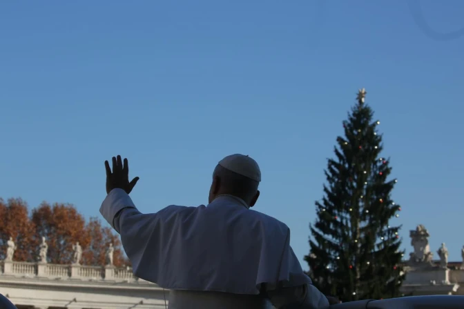 El Papa con el abeto de 27 metros que está en la plaza de San Pedro por Navidad