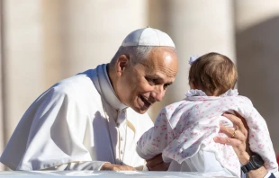 El Papa saluda a un bebé durante la Audiencia General Crédito: Daniel Ibañez/ EWTN News