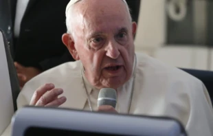 Papa Francisco en el aviu00f3n de regreso a Roma. Cru00e9dito: Vatican Media 