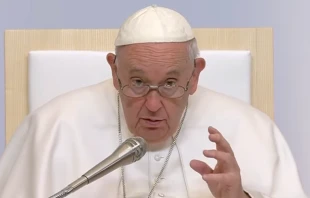 El Papa Francisco, durant el encuentro con el mundo universitario y de la cultura en Budapest. Cru00e9dito: Vatican Media 