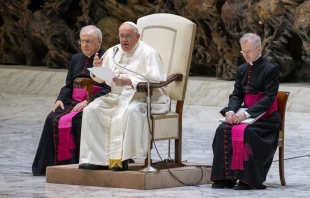 El Papa Francisco durante la Audiencia General semanal en el Aula Pablo VI, el 14 de febrero de 2024. Crédito: Daniel Ibáñez - EWTN News