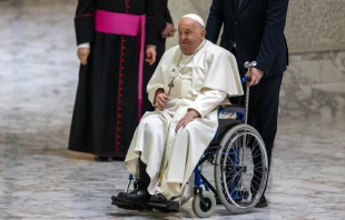 Papa Francisco en silla de ruedas. Crédito: Daniel Ibáñez - EWTN News