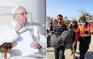 Papa Francisco / Heridos tras un ataque aéreo israelí a la ciudad de Rafah, en el sur de la Franja de Gaza, el 10 de noviembre de 2023. Crédito: Daniel Ibáñez - ACI Prensa / Anas-Mohammed - Shutterstock