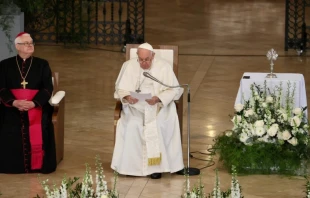 El Papa Francisco se dirige un discurso en su encuentro con los pobres y refugiados en Hungru00eda. Cru00e9dito: Daniel Ibu00e1u00f1ez / ACI Prensa 