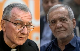 El Secretario de Estado del Vaticano, Cardenal Pietro Parolin (izquierda), y el presidente de Irán, Masoud Pezeshkian. Crédito: Horacio Villalobos#Corbis/Getty Images; Majid Saeedi/Getty Images