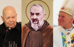 P. Gabriele Amorth. Crédito: CNA / San Pío de Pietrelcina. Crédito: Jorisvo - Shutterstock San Juan Pablo II (imagen recortada). Crédito: Gregorini Demetrio - Wikimedia Commons CC BY-SA 4.0