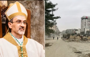Su Beatitud, el Cardenal Pierbattista Pizzaballa y parte de la destrucción producto de la guerra en Gaza. Crédito: Giovanni Zennaro, Wikimedia Commons - CC BY-SA 4.0 / Emad El Byed - Unsplash.