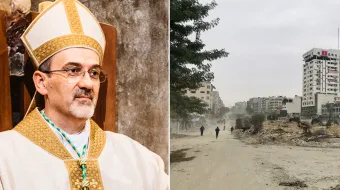 Su Beatitud, el Cardenal Pierbattista Pizzaballa y parte de la destrucción producto de la guerra en Gaza.