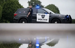 Un agente de policía de Brooklyn Park vigila la entrada a un barrio. Crédito: Stephen Maturen/Getty Images.