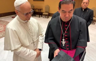 El Papa León XIV mira un video del Hope Border Institute de manos del obispo auxiliar Anthony Celino el 8 de octubre de 2025. Crédito: Fernie Ceniceros/Diócesis de El Paso.