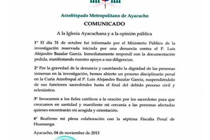 Arzobispo de Ayacucho suspende a sacerdote acusado de abuso sexual