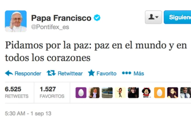 El Papa en Twitter: Pidamos por la paz en el mundo y en todos los corazones