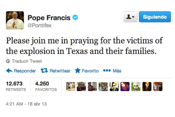 Oremos por las víctimas de la explosión en Texas, pide el Papa