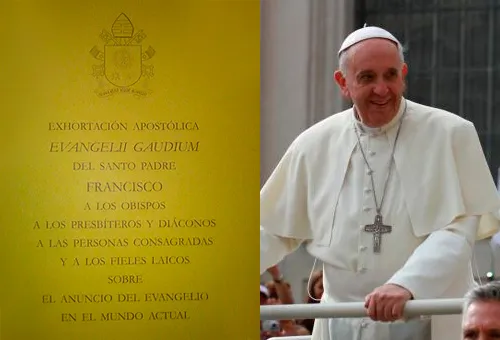 Papa Francisco y la portada de la Evangelii Gaudium. Fotos: ACI Prensa