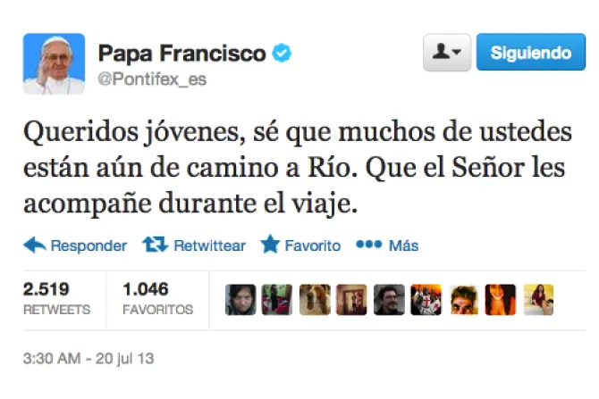 El Papa Francisco saluda a peregrinos de la JMJ Río 2013 en Twitter