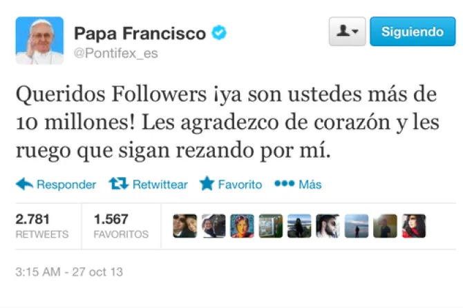 El Papa superó los 10 millones de seguidores en Twitter