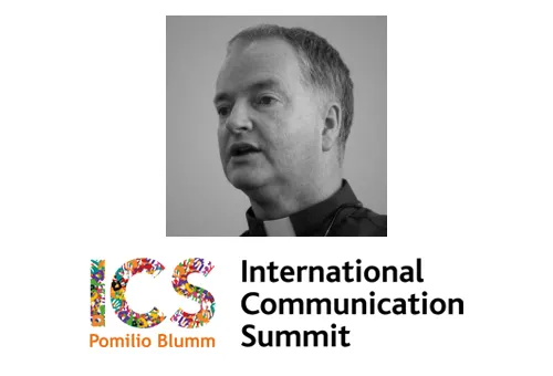 Logo del ICS y foto de Mons. Paul Tighe: Sitio web del International Communication Summit Roma 2013