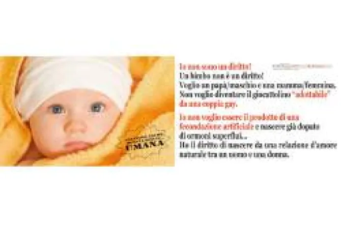 Afiche con bebé en Italia: No quiero ser el juguete adoptable de una pareja gay