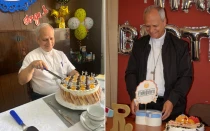 Mons. Robert Prevost (León XIV) celebrando sus fiestas de cumpleaños cuando era Obispo de Chiclayo, en Perú.