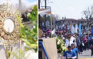 La custodia con la Eucaristu00eda y los fieles durante la procesiu00f3n eucaru00edstica del su00e1bado. Cru00e9dito: Arquidiu00f3cesis de Los u00c1ngeles 