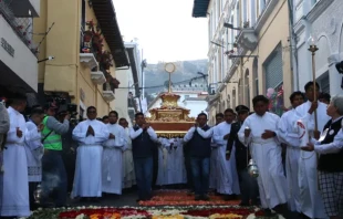 La multitudinaria procesión de la Eucaristía en el Congreso Eucarístico Quito 2024. Crédito: Eduardo Berdejo / ACI Prensa