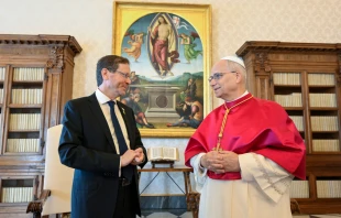 León XIV durante su encuentro con el presidente de Israel Isaac Herzog el 4 de septiembre Crédito: Vatican Media