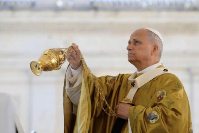 El Papa León XIV durante la Misa de canonización de Frassati y Acutis