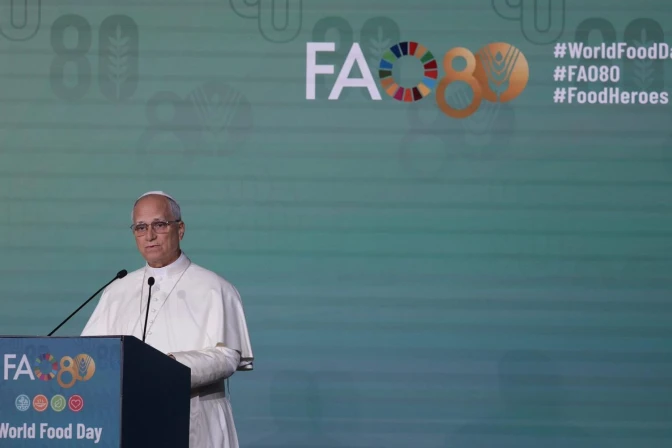 El Papa León XIV durante su intervención en la sede de la FAO en Roma