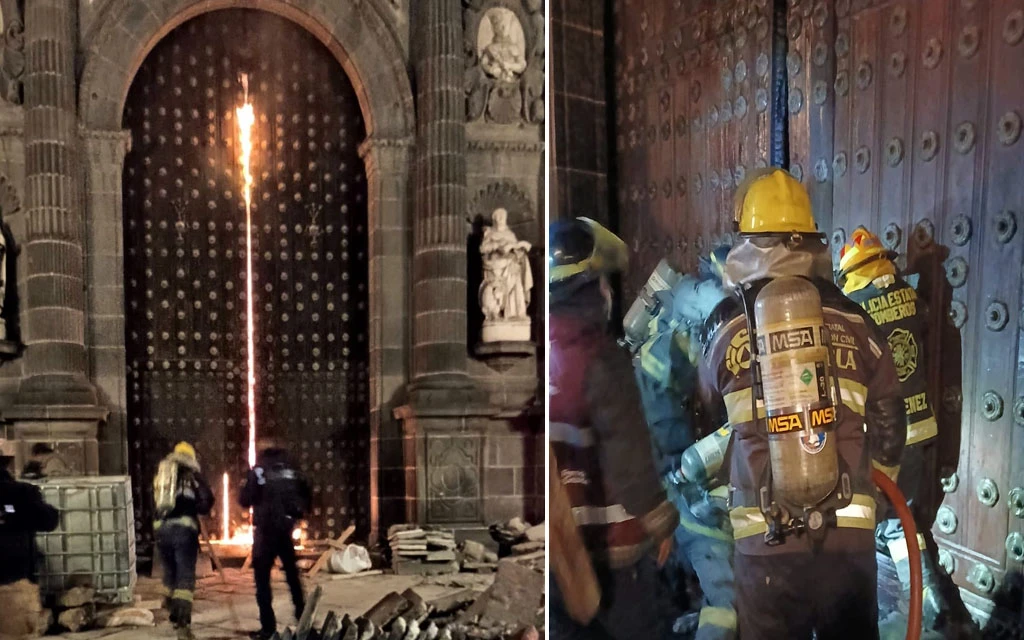 Izquierda: El incendio en una de las puertas de la Catedral de Puebla. Derecha: Los bomberos tras extinguir el fuego.?w=200&h=150