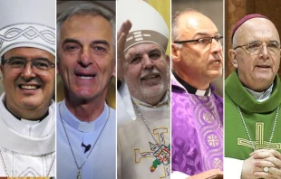 Mons. Gabriel Mestre, Mons. José María Baliña, Mons. Gustavo Larrazábal, P. Luis Albóniga, Mons. Ernesto Giobando Crédito 1: Diócesis de Mar del Plata/Crédito 2: Canal Orbe 21, Arzobispado de Buenos Aires/Crédito 3: Arquidiócesis de San Juan de Cuyo/Crédito 4: Diócesis de Mar del Plata/Crédito 5: Conferencia Episcopal Argentina