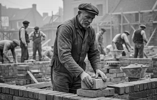 Un albañil en el estilo fotográfico en blanco y negro de la década de 1900. Crédito: Shutterstock AI