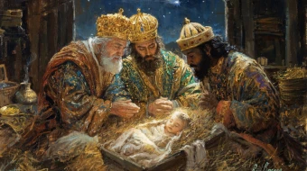 Pintura de Raúl Berzosa de los Tres Reyes Magos adorando al Niño Jesús