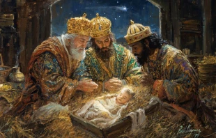 Pintura de Raúl Berzosa de los Tres Reyes Magos adorando al Niño Jesús Crédito: Cortesía de Raúl Berzosa