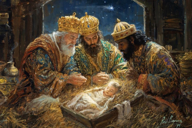 Pintura de Raúl Berzosa de los Tres Reyes Magos adorando al Niño Jesús