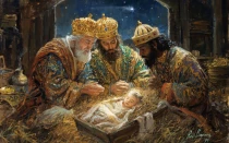 Pintura de Raúl Berzosa de los Tres Reyes Magos adorando al Niño Jesús