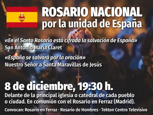 Cartel convocando en 2023 a un Rosario por España el día de la Inmaculada, su patrona. Crédito: Rosario en Ferraz