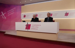 El portavoz de la CEE, Mons. Francisco César García Magán y el director de Comunicación de la CEE, P. José Gabriel Vera. Crédito: Conferencia Episcopal Española.