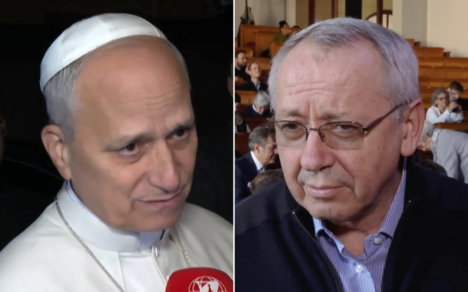 Papa León XIV durante una entrevista el 4 de noviembre de 2025 / El P. Marko Rupnik, SJ, en una entrevista con EWTN en 2020.?w=200&h=150