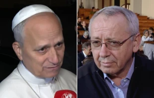 Papa León XIV durante una entrevista el 4 de noviembre de 2025 / El P. Marko Rupnik, SJ, en una entrevista con EWTN en 2020. Crédito: EWTN News