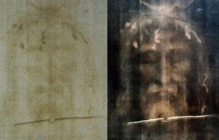 Sábana Santa de Turín con filtros digitales positivos (izquierda) y negativos (derecha). Crédito: Dianelos Georgoudis vía Wikimedia Commons.